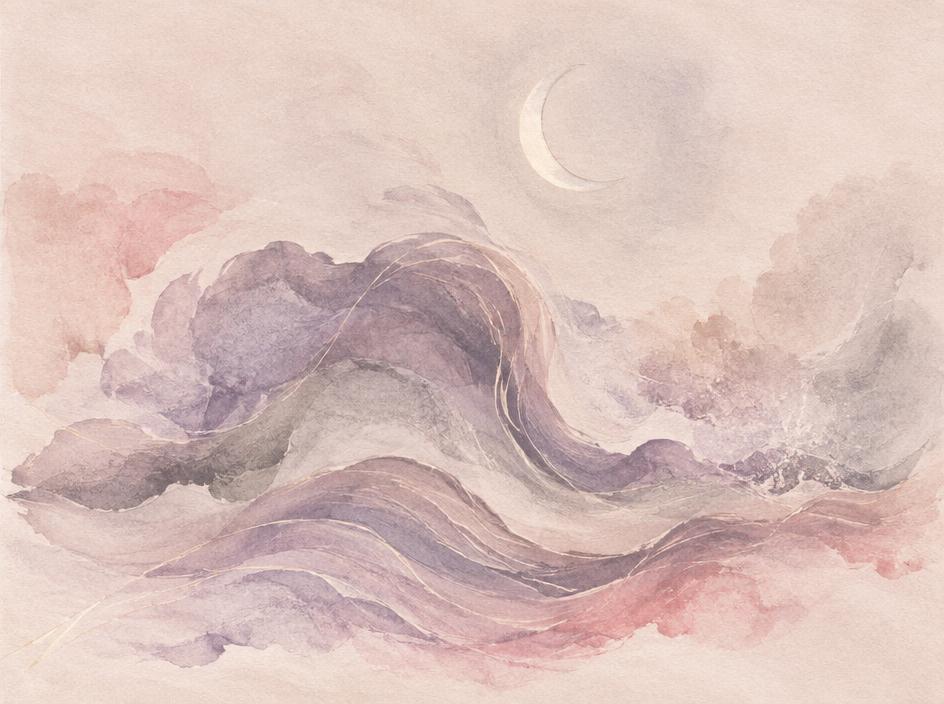Vagues abstraites sous un croissant de lune