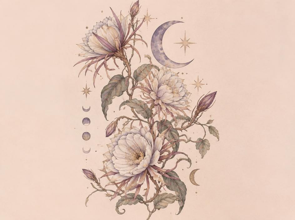 Fleurs nocturnes et croissant de lune
