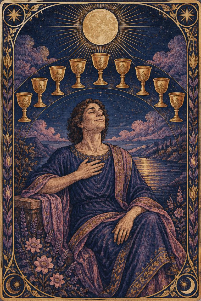 Illustration de l’arcane Neuf de Coupes